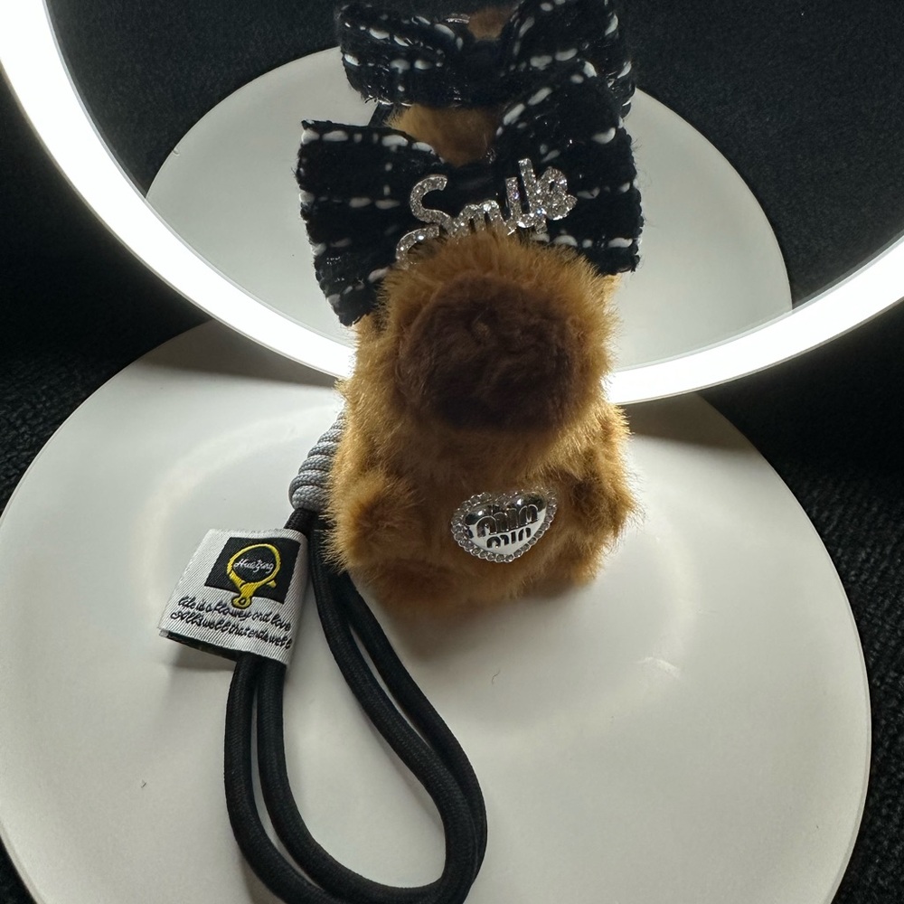 Capybara Plush Fuzzy Keychain Charm with Bow and Rhinestone Heart